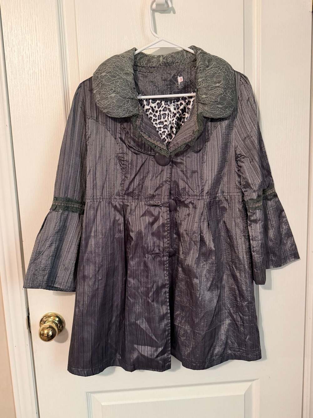 Pretty Angel Grey Taffeta Collared Lace Trim Button Coat with Leopard Lining Siz
